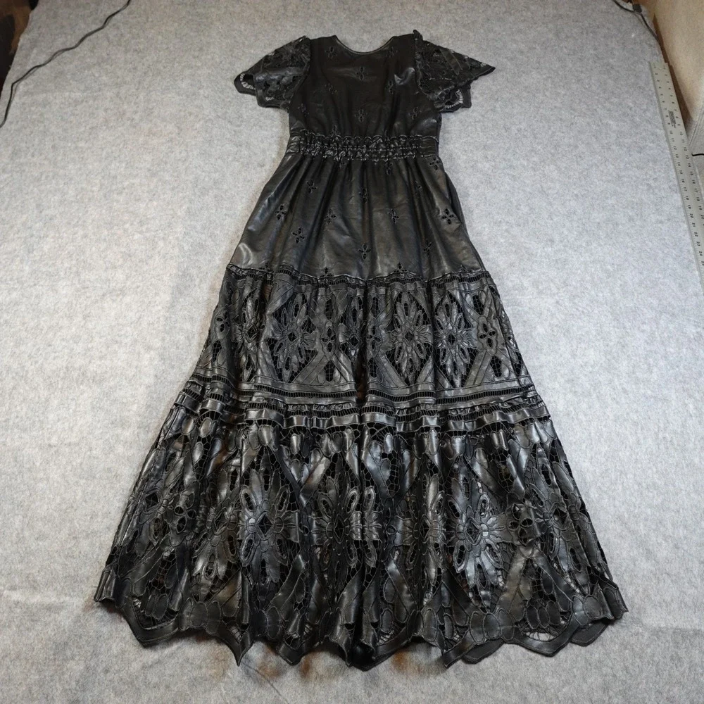 Anthropologie Dress Womens Small Somerset‎ Maxi Faux Leather Embroidered Black_7